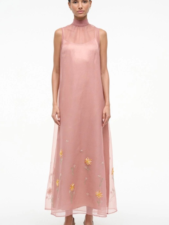 STAUD Dresses & Skirts - STAUD Rose Pink Sheer Maxi Dress with Yellow Floral Embroidery
